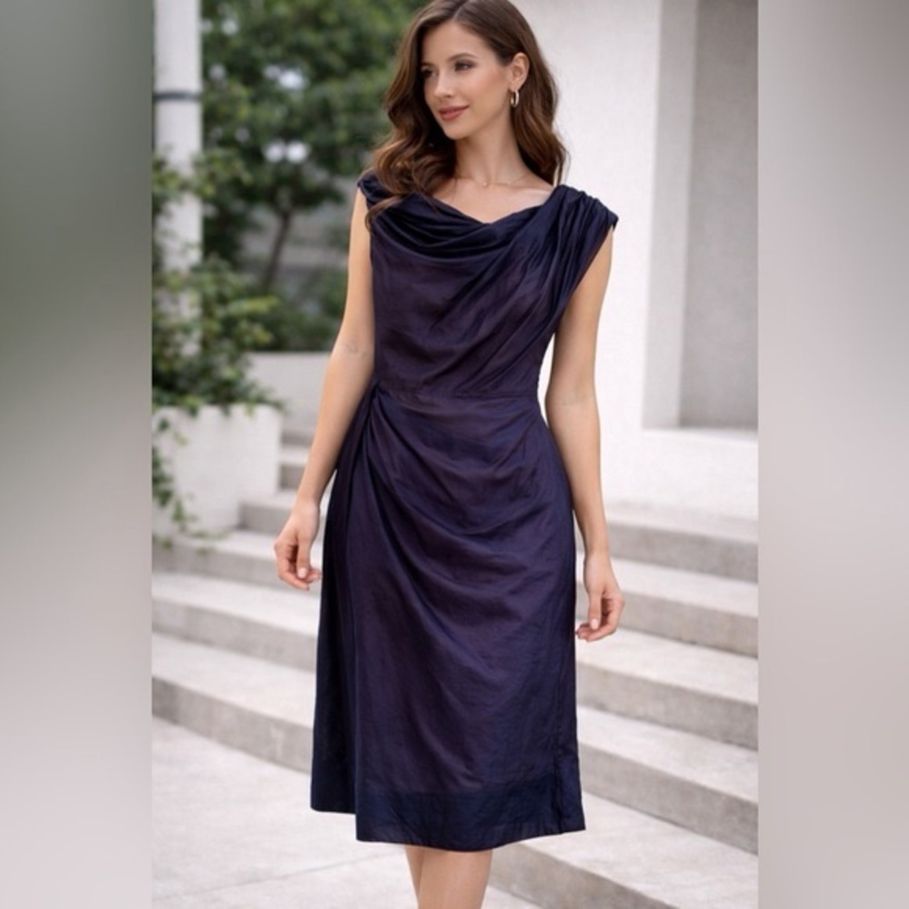 Byron Lars Beauty Mark Navy Draped Cotton Dress Size 6 Belted